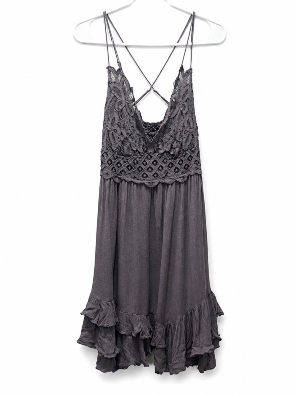 Boho Lace-Trim Mini Dress - Charcoal